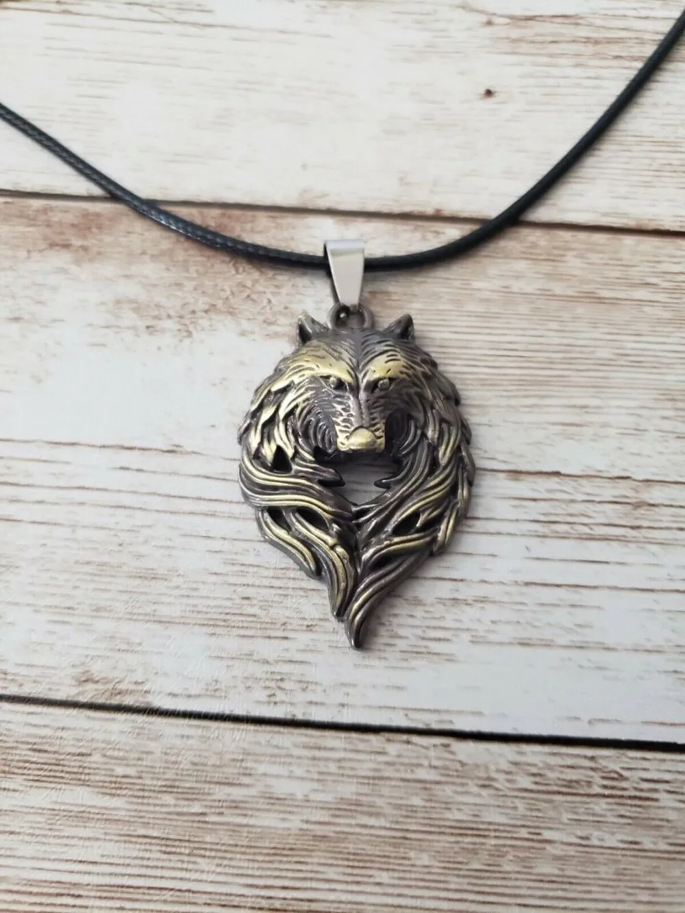 Wolf Pendant Multi Tone with Black Cord Necklace - Brand New